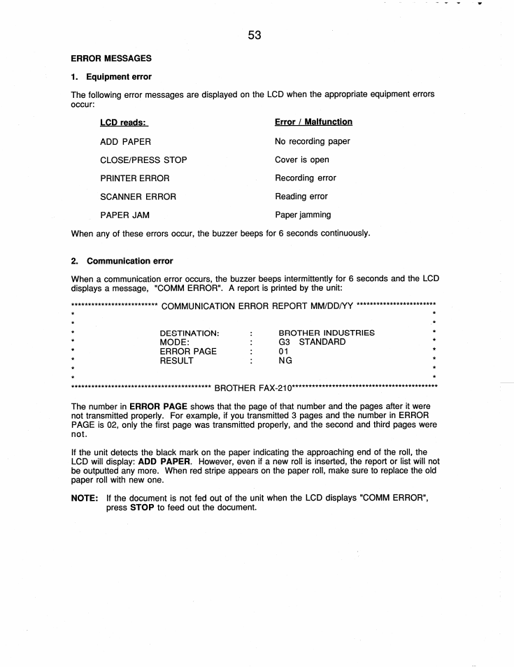Error messages 1. equipment error, Communication error | Brother FAX-210 User Manual | Page 62 / 68