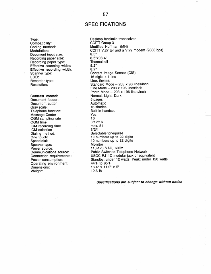 Specifications | Brother FAX-210 User Manual | Page 66 / 68