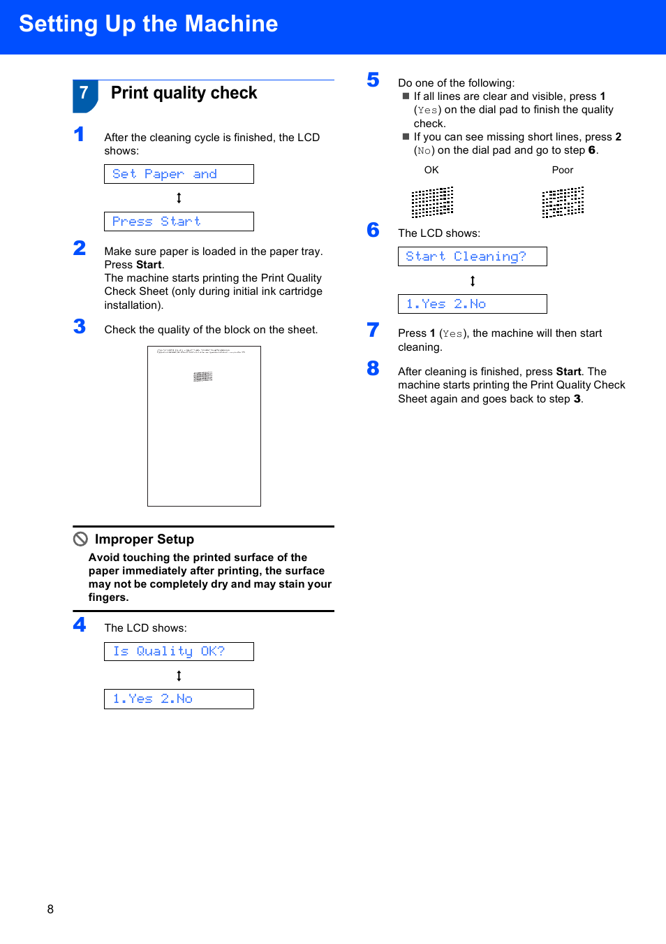 7 print quality check, Setting up the machine, 7print quality check | Set paper and, Press start, Is quality ok, Yes 2.no, Start cleaning | Brother FAX-1560 User Manual | Page 10 / 18