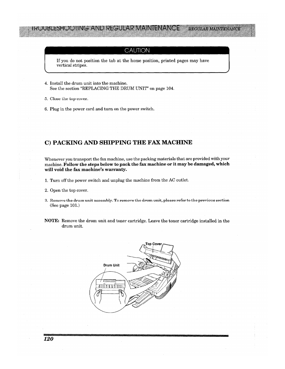 C) packing and shipping the fax machine | Brother INTELLIFAX 3650 User Manual | Page 128 / 144