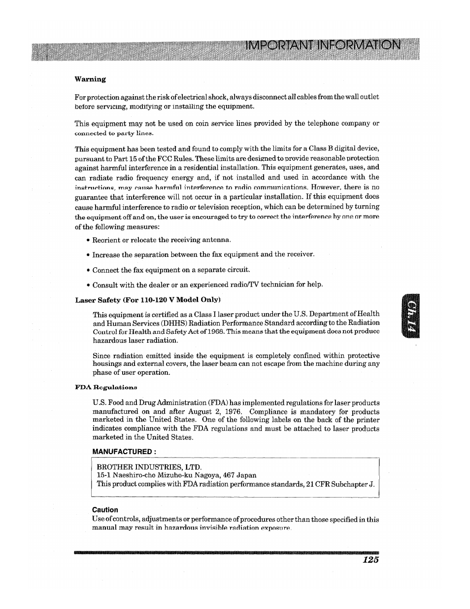 Important information | Brother INTELLIFAX 3650 User Manual | Page 133 / 144