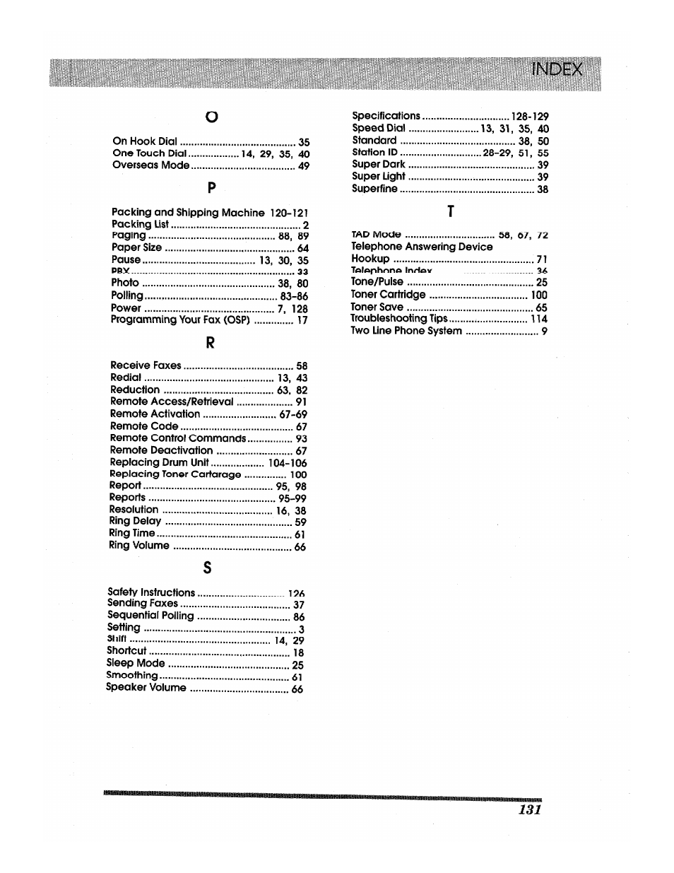 Index | Brother INTELLIFAX 3650 User Manual | Page 139 / 144