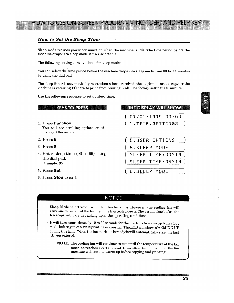 F 01/01/1999 00:00, Press function, Press 5 | Press 8, Enter sleep time (00 to 99) using the dial pad, Press set, Press stop to exit, 1■temp.settings ), F 5.user options ), I 8.sleep mode | Brother INTELLIFAX 3650 User Manual | Page 33 / 144