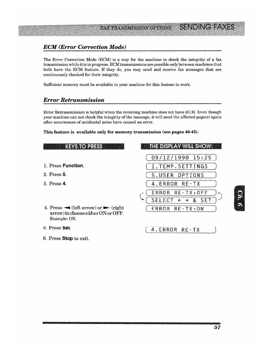Vix transmission options sending faxes, Ecm (error correction mode), Error retransmission | Press 5, Press 4, Press set, Press stop to exit, Ecm (error correction mode) error retransmission, Sending faxes | Brother INTELLIFAX 3650 User Manual | Page 65 / 144
