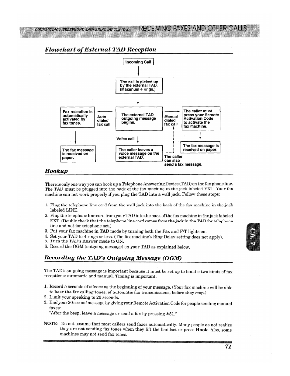 Flowchart of external tad reception, Hookup, Flowchart of external tad reception hookup | Rtceiving faxes and other cat 1s, Recording the tap's outgoing message (pgm) | Brother INTELLIFAX 3650 User Manual | Page 79 / 144