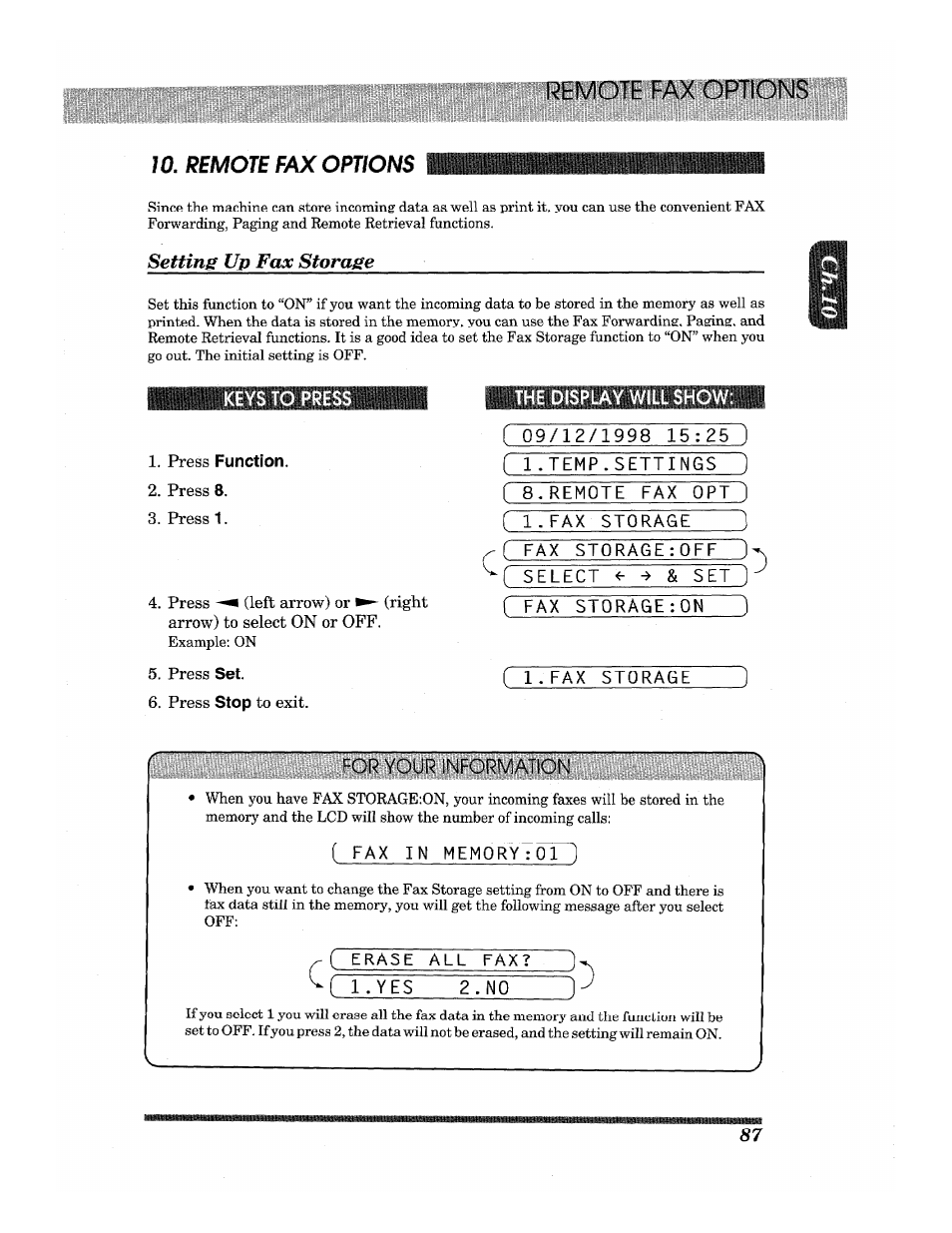 Setting up fax storage, Press function, Press 8 | Press 1, Press set, Press stop to exit, 1■fax storage, For your information, Fax i n m e m 0 ry:01~), L.yes 2.no ) | Brother INTELLIFAX 3650 User Manual | Page 95 / 144