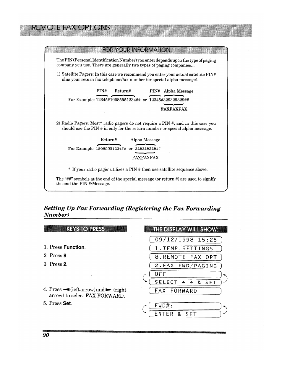 Kbmuit hax up i ions, For your information, Press 8 | Press 2, Press set, Enter & set | Brother INTELLIFAX 3650 User Manual | Page 98 / 144