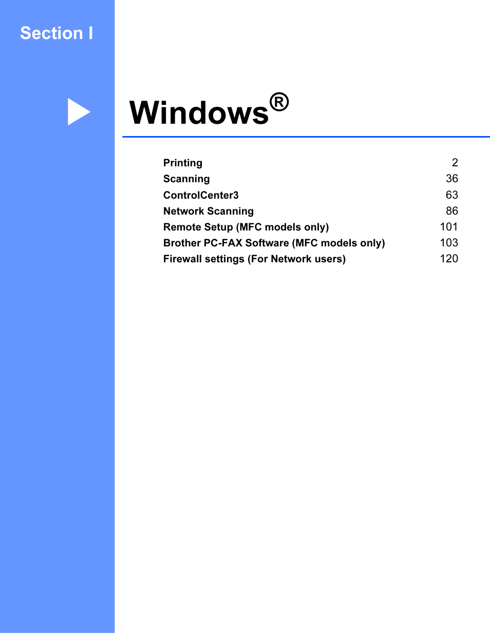 Section i windows, Windows | Brother MFC 9840CDW User Manual | Page 8 / 221