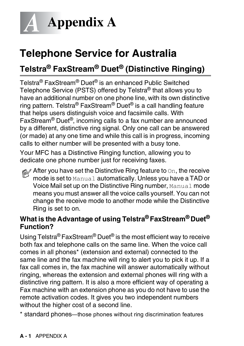 Appendix a, Telephone service for australia, Telstra® faxstream® duet® (distinctive ringing) | Telstra, Faxstream, Duet, Distinctive ringing) ...... a-1, What is the advantage of using telstra, Function?............................ a-1, Distinctive ringing) | Brother DCP-110C User Manual | Page 156 / 212