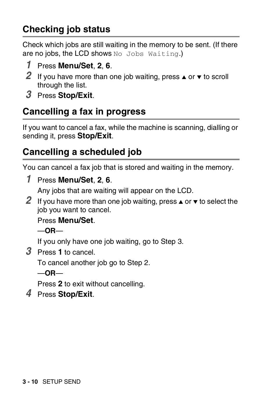 Checking job status, Cancelling a fax in progress, Cancelling a scheduled job | Brother DCP-110C User Manual | Page 52 / 212