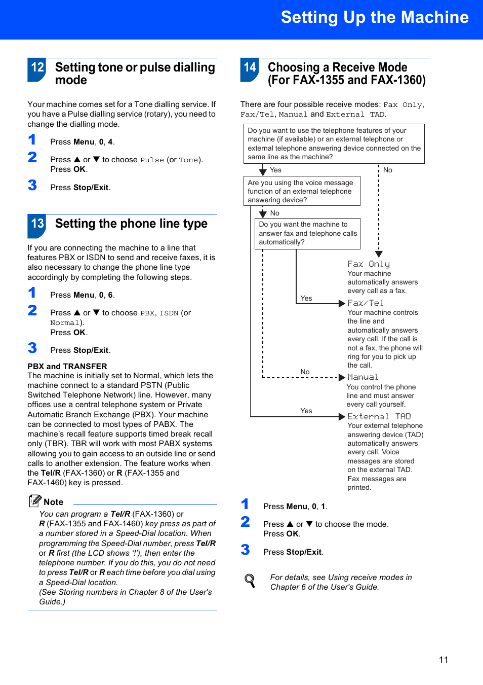 12 setting tone or pulse dialling mode, 13 setting the phone line type, Setting up the machine | Brother Fax 1360 User Manual | Page 13 / 16