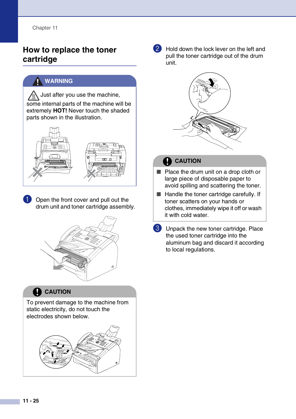 How to replace the toner cartridge, How to replace the toner cartridge -25 | Brother FAX2820 User Manual | Page 113 / 161