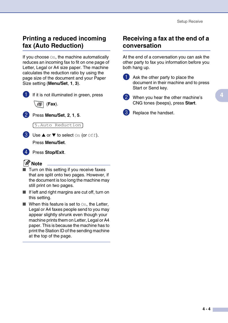 Printing a reduced incoming fax (auto reduction), Receiving a fax at the end of a conversation, 4printing a reduced incoming fax (auto reduction) | Brother FAX2820 User Manual | Page 60 / 161