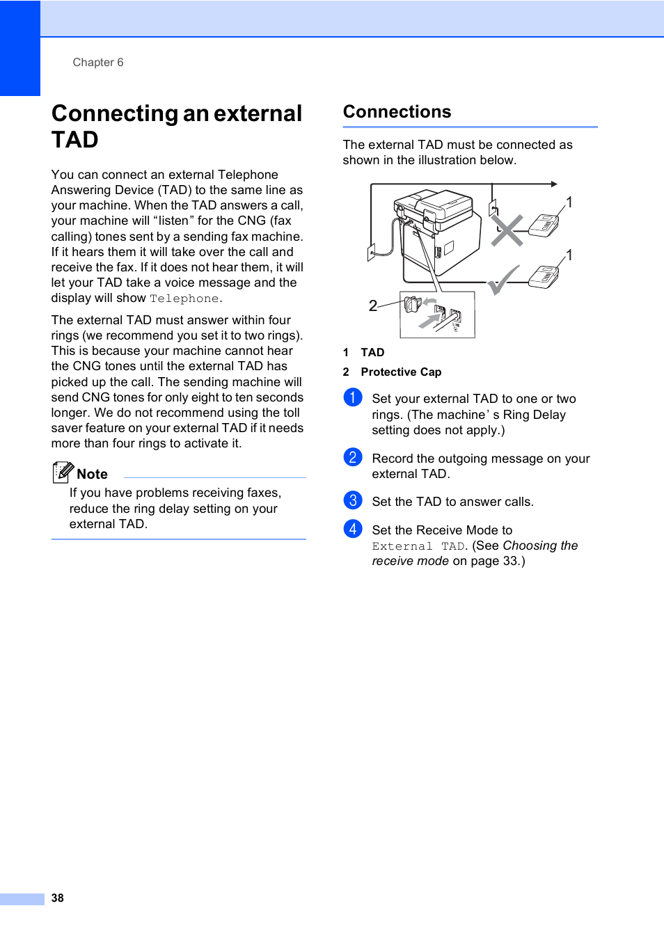 Connecting an external tad, Connections | Brother MFC 9970CDW User Manual | Page 46 / 218