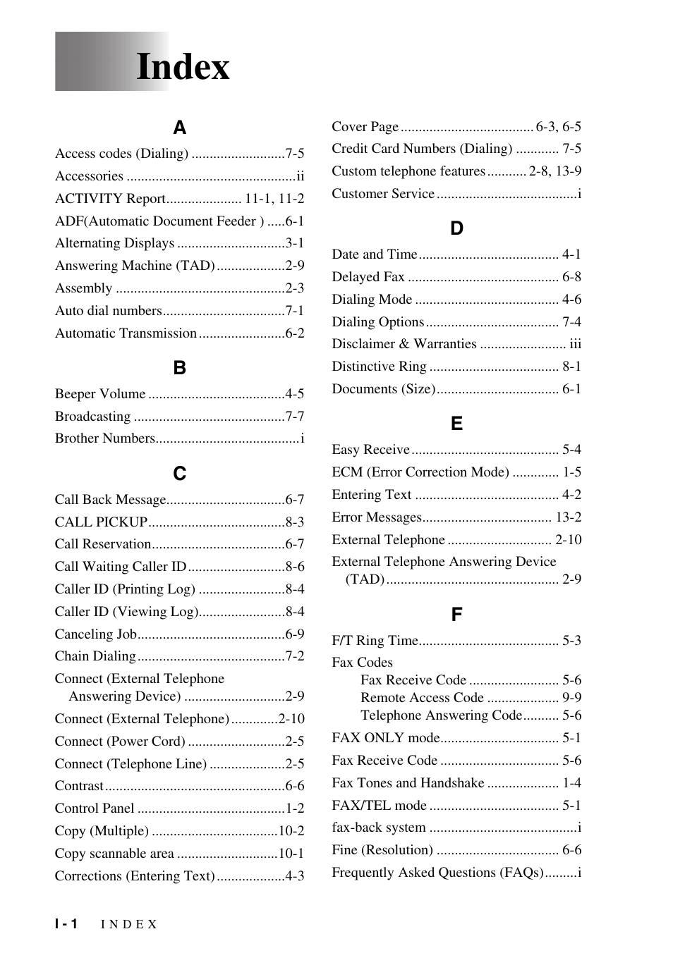 Index | Brother FAX-1575mc User Manual | Page 110 / 116