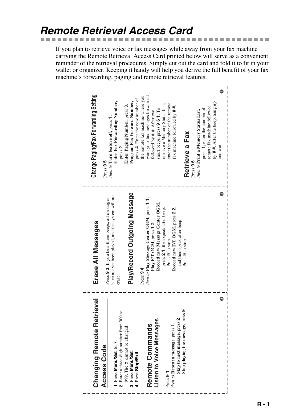 Remote retieval access card, Remote retrieval access card, Erase all messages | Play/record outgoing message, Changing remote retrieval access code, Remote commands, Change paging/fax forwarding setting, Retrieve a fax, R - 1, Listen to voice messages | Brother FAX-1575mc User Manual | Page 113 / 116