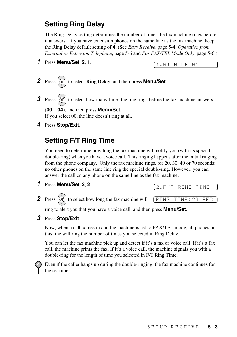 Setting ring delay, Setting f/t ring time, Setting ring delay -3 setting f/t ring time -3 | Brother FAX-1575mc User Manual | Page 45 / 116