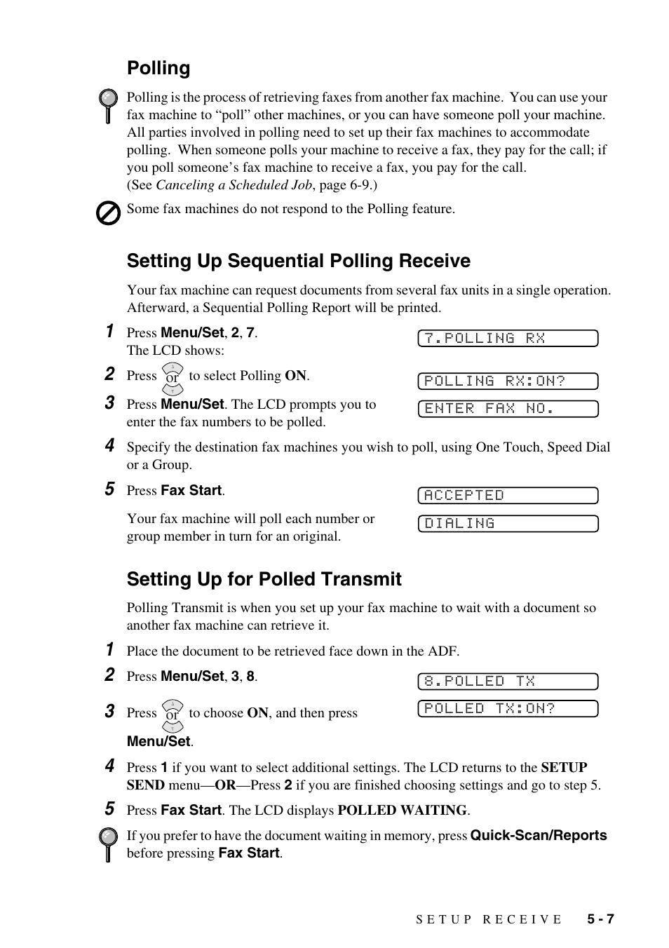 Polling, Setting up sequential polling receive, Setting up for polled transmit | Polling setting up sequential polling receive | Brother FAX-1575mc User Manual | Page 49 / 116