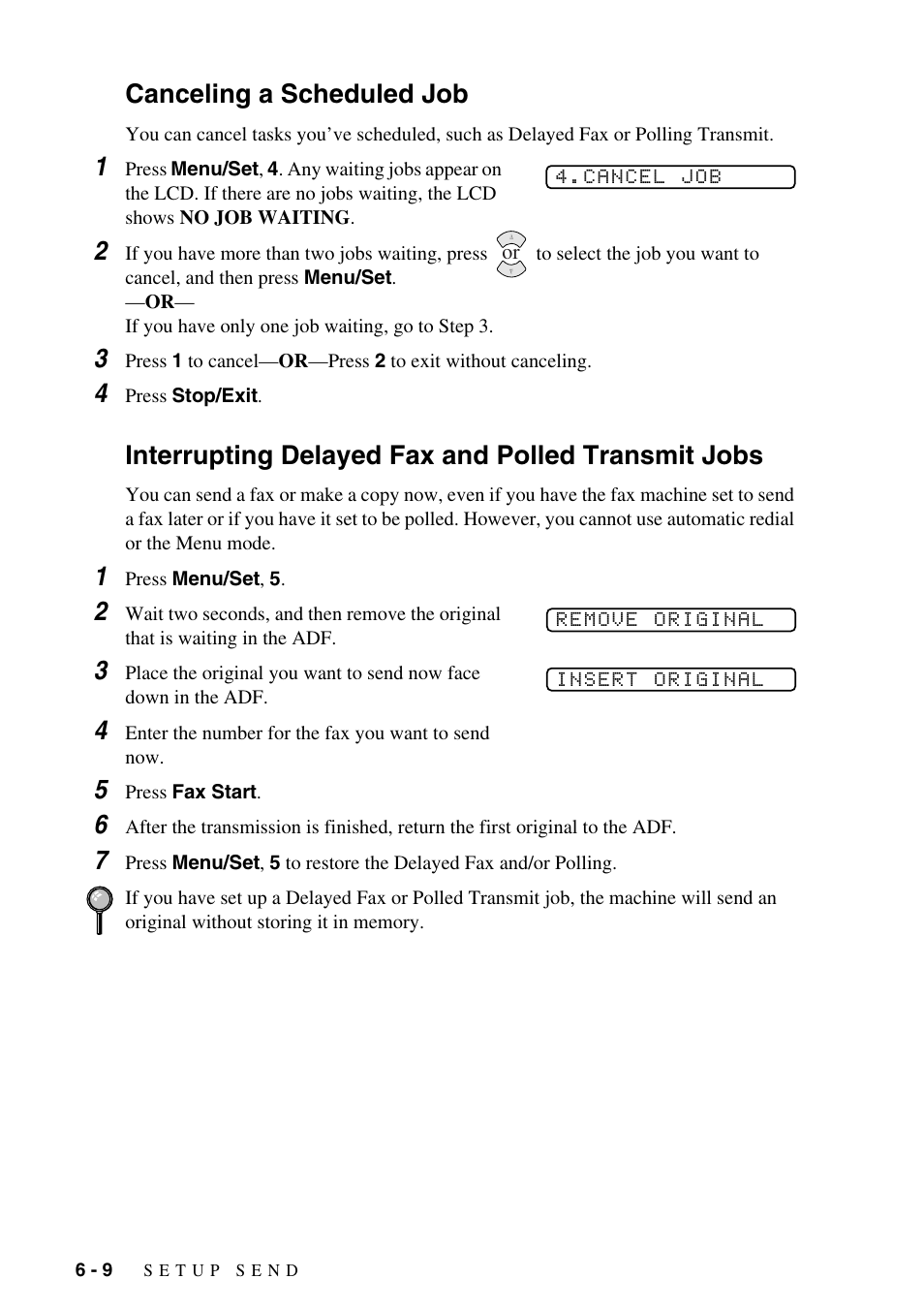 Canceling a scheduled job, Interrupting delayed fax and polled transmit jobs | Brother FAX-1575mc User Manual | Page 58 / 116