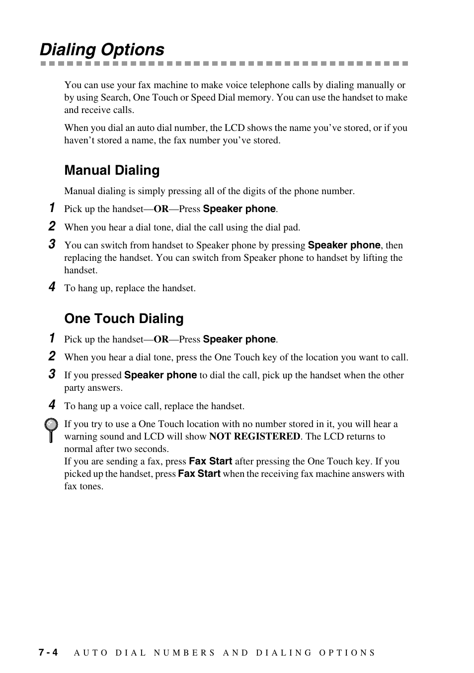 Dialing options, Manual dialing, One touch dialing | Dialing options -4, Manual dialing -4 one touch dialing -4, One touch dialing 1 | Brother FAX-1575mc User Manual | Page 62 / 116
