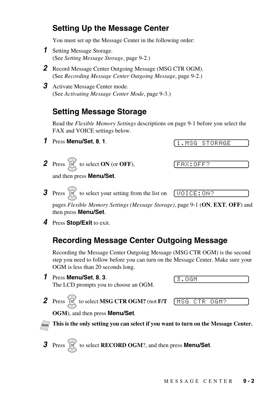 Setting up the message center, Setting message storage, Recording message center outgoing message | Brother FAX-1575mc User Manual | Page 75 / 116