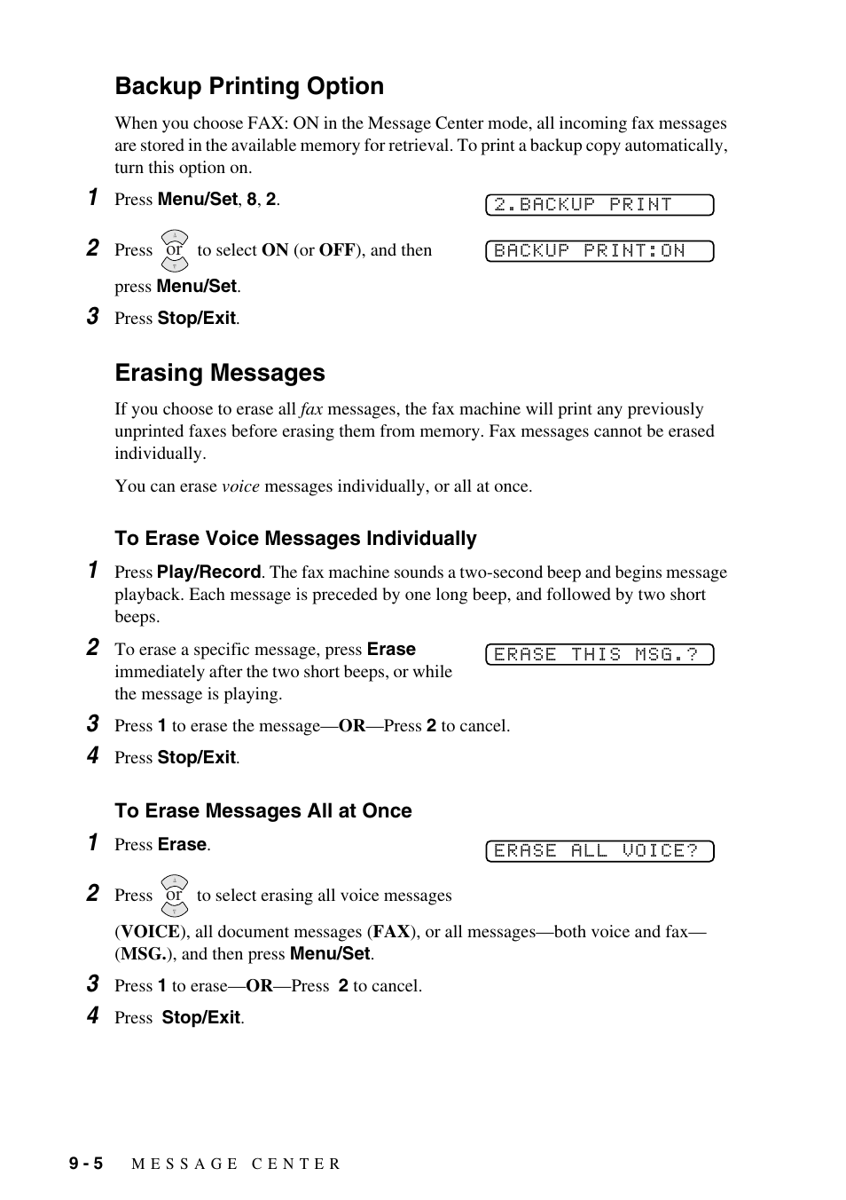 Backup printing option, Erasing messages, To erase voice messages individually | To erase messages all at once, Backup printing option -5 erasing messages -5 | Brother FAX-1575mc User Manual | Page 78 / 116
