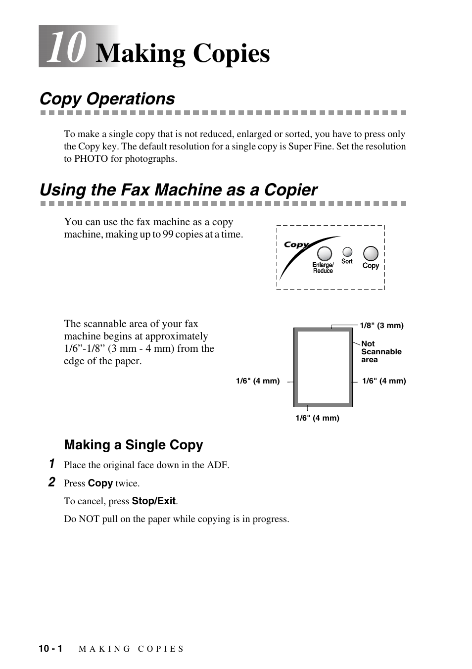 10 making copies, Copy operations, Using the fax machine as a copier | Making a single copy, Making copies -1, Making a single copy -1, Making copies | Brother FAX-1575mc User Manual | Page 86 / 116