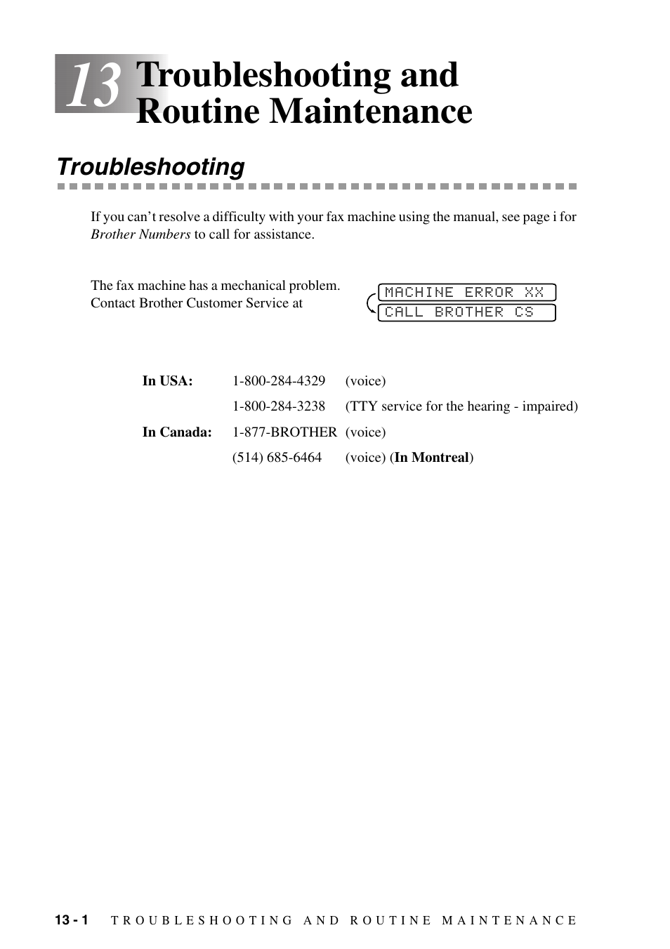 13 troubleshooting and routine maintenance, Troubleshooting, Troubleshooting and routine maintenance -1 | Troubleshooting -1, Troubleshooting and routine maintenance | Brother FAX-1575mc User Manual | Page 94 / 116
