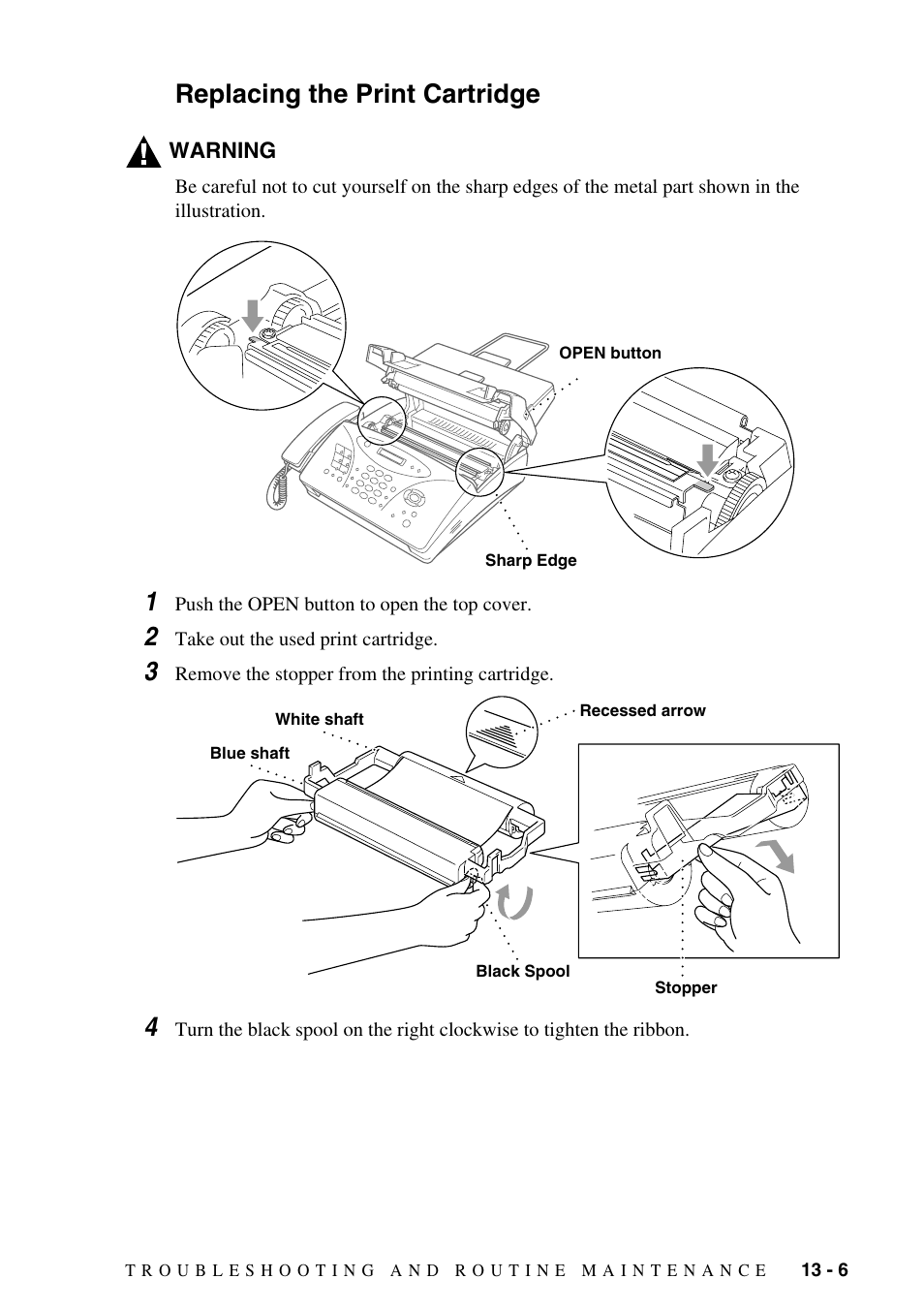 Replacing the print cartridge, Replacing the print cartridge -6 | Brother FAX-1575mc User Manual | Page 99 / 116