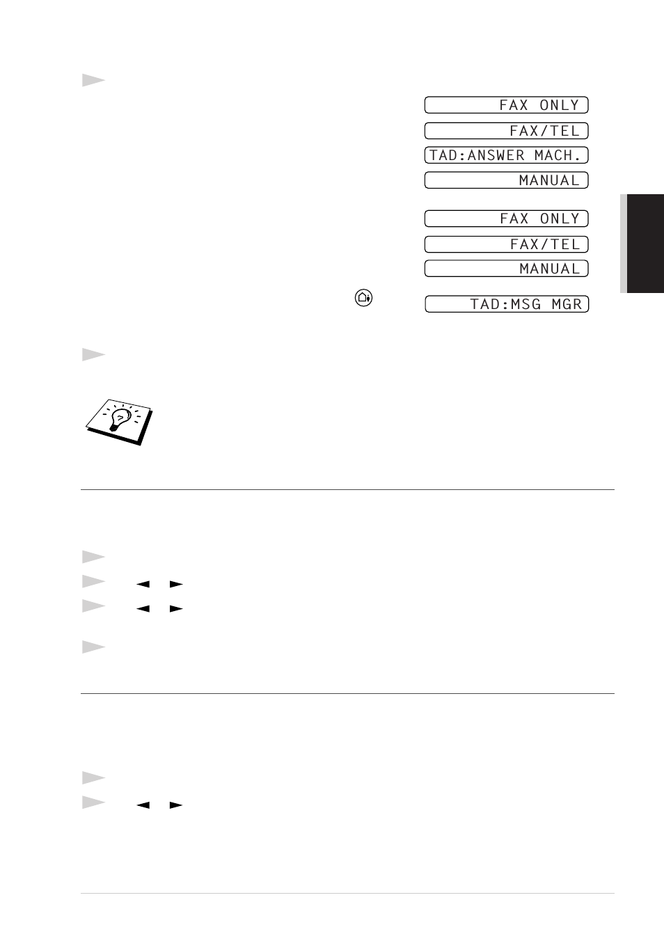 To select or change your answer mode, Setting the ring delay, Setting the f/t ring time | Brother T74 User Manual | Page 31 / 98