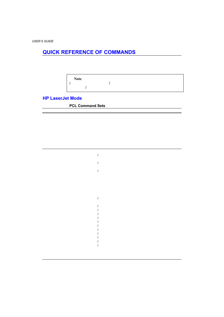 Quick reference of commands, Hp laserjet mode | Brother HL-1660E User Manual | Page 217 / 258