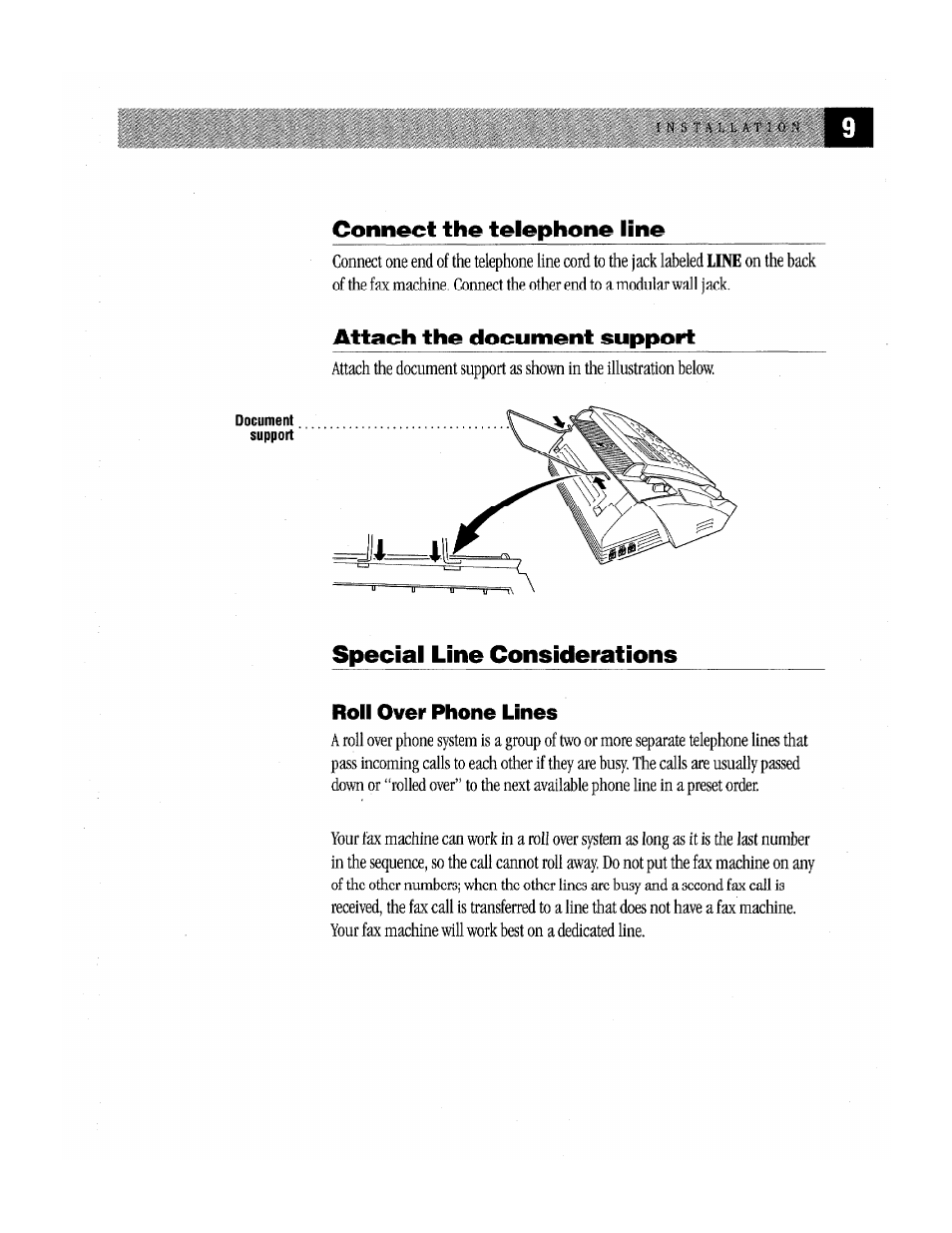 Connect the telephone line, Attach the document support, Special line considerations | Brother Fax-170 User Manual | Page 15 / 74