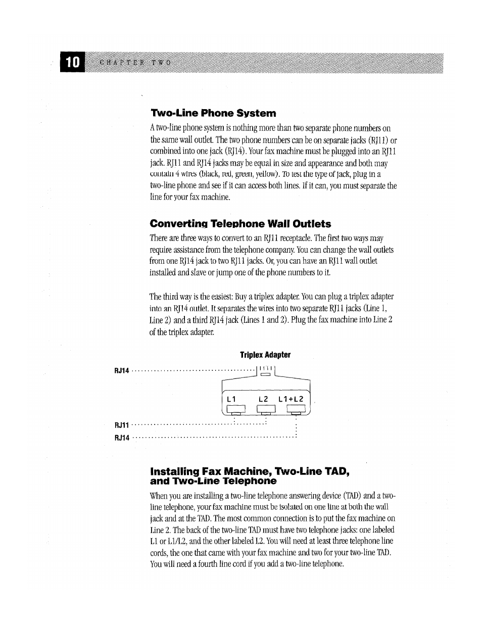 Two-line phone system, Converting telephone wall outlets | Brother Fax-170 User Manual | Page 16 / 74