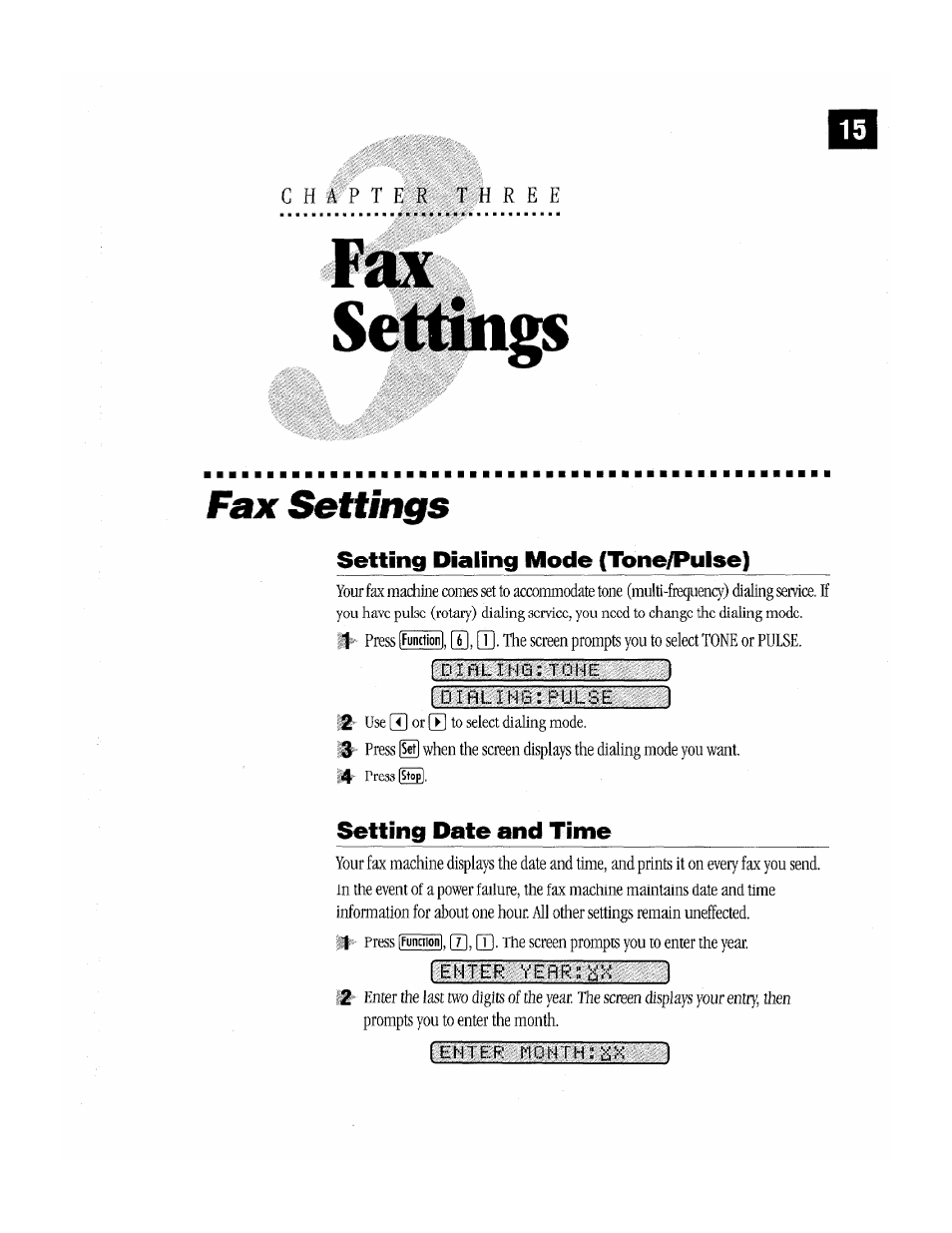 Fax settings, Setting dialing mode (tone/pulse), Setting pate and time | Brother Fax-170 User Manual | Page 21 / 74