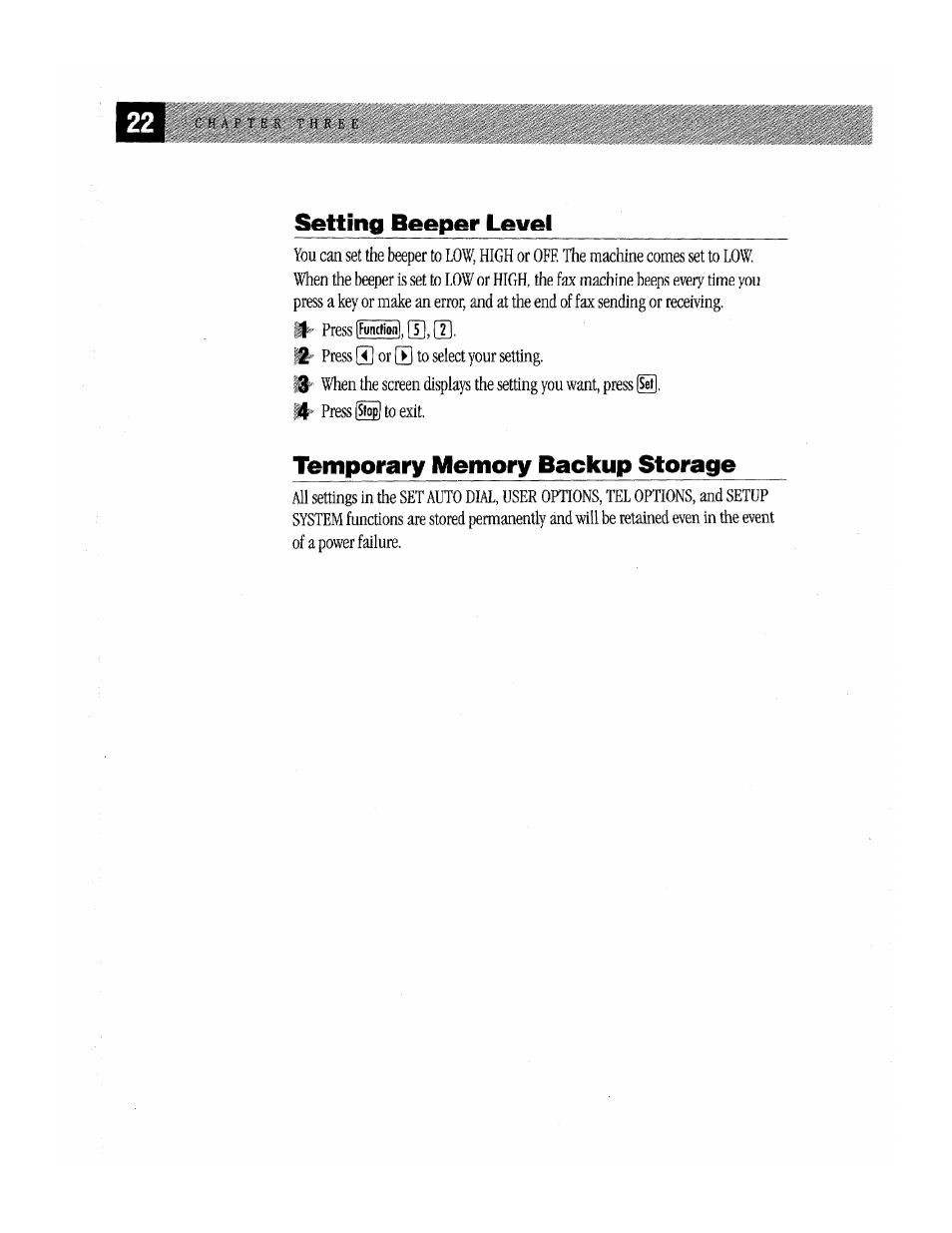 Setting beeper level, Temporary memory backup storage | Brother Fax-170 User Manual | Page 28 / 74