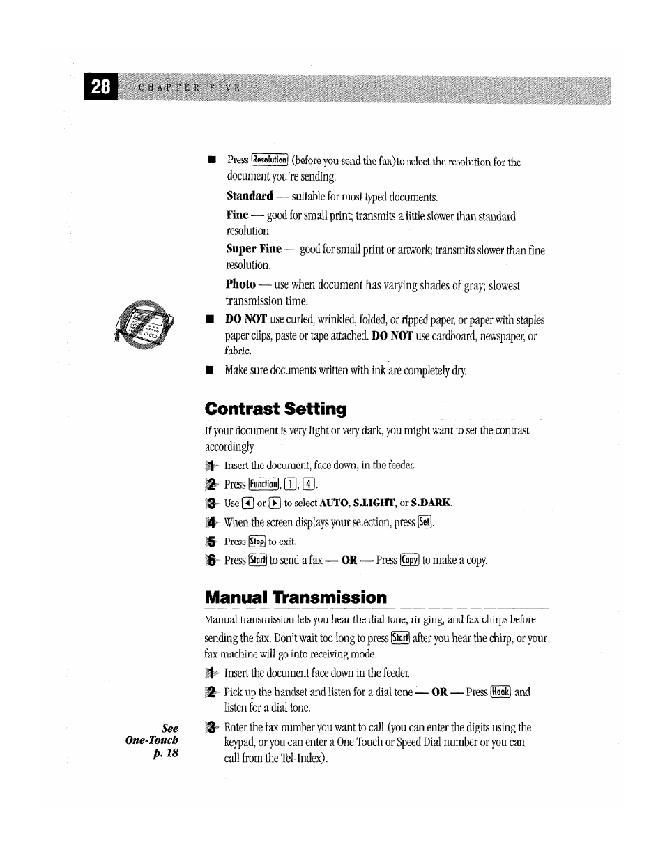 Contrast setting, Manual tvansmission, Contrast setting manual transmission | Brother Fax-170 User Manual | Page 34 / 74