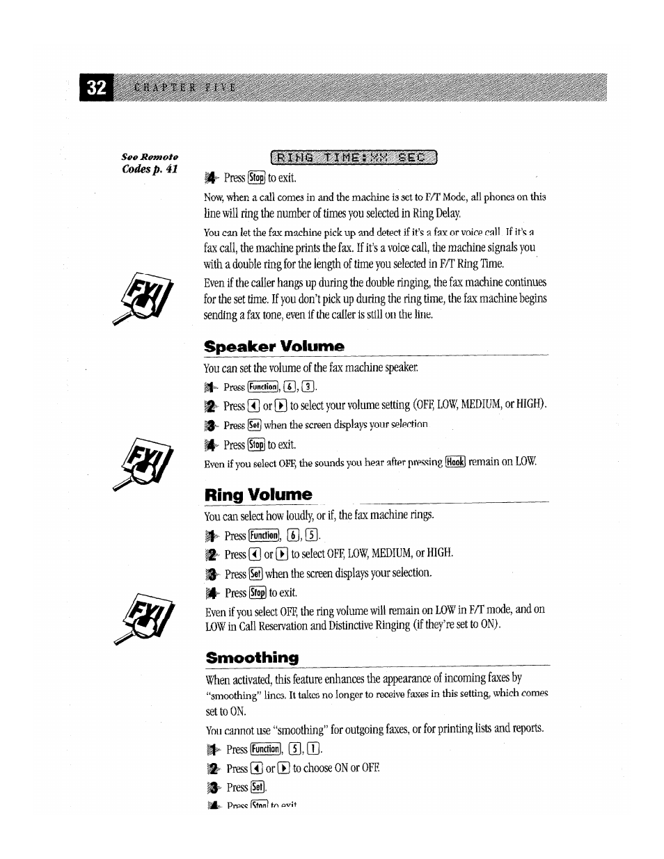 Ring time:xx sec, Speaker volume, Ring volume | Smoothing | Brother Fax-170 User Manual | Page 38 / 74