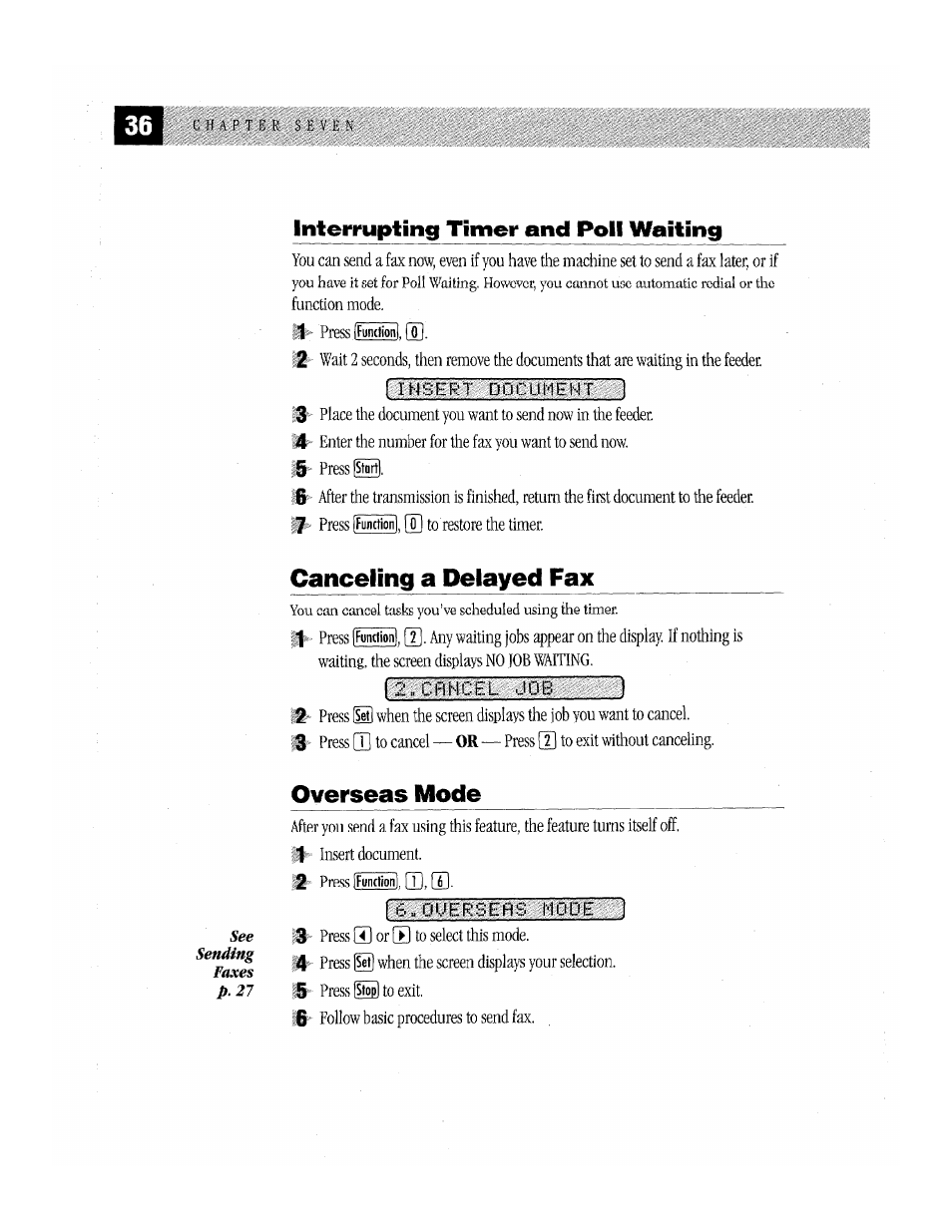 Canceling a delayed fax, Overseas mode, Interrupting timer and poll waiting | Brother Fax-170 User Manual | Page 42 / 74
