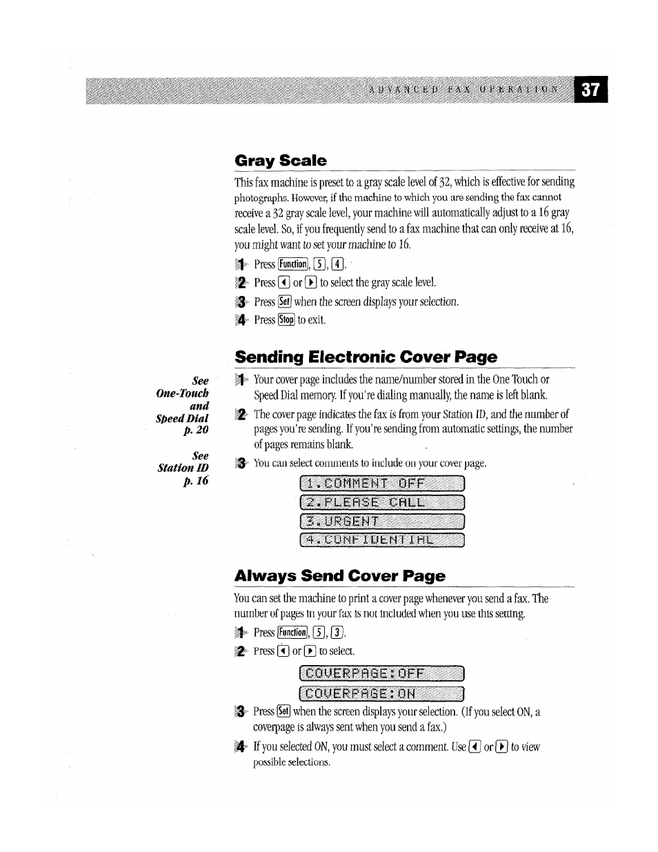 Gray scale, Sending electronic cover page, Always send cover page | Brother Fax-170 User Manual | Page 43 / 74