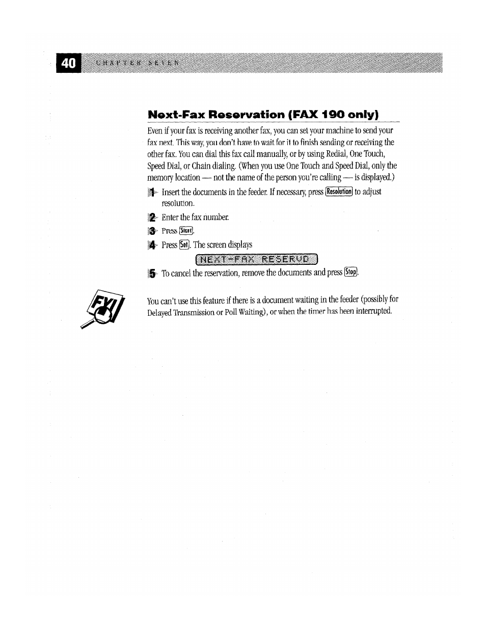 Next-fax reservation (fax 190 only) | Brother Fax-170 User Manual | Page 46 / 74