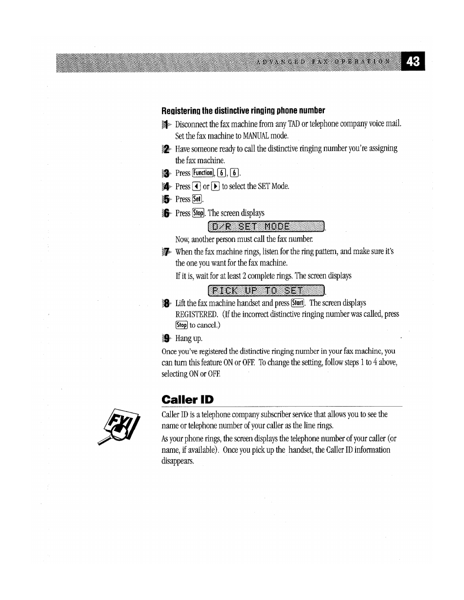 Registering the distinctive ringing phone number, Caller id, Cailer id | Brother Fax-170 User Manual | Page 49 / 74