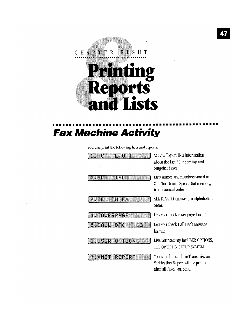 Chapter eight, L.rct.report, Rll dirl | I 5.tel inde, 4„cooerprge, Printing reports ana lists, Machine activity | Brother Fax-170 User Manual | Page 53 / 74