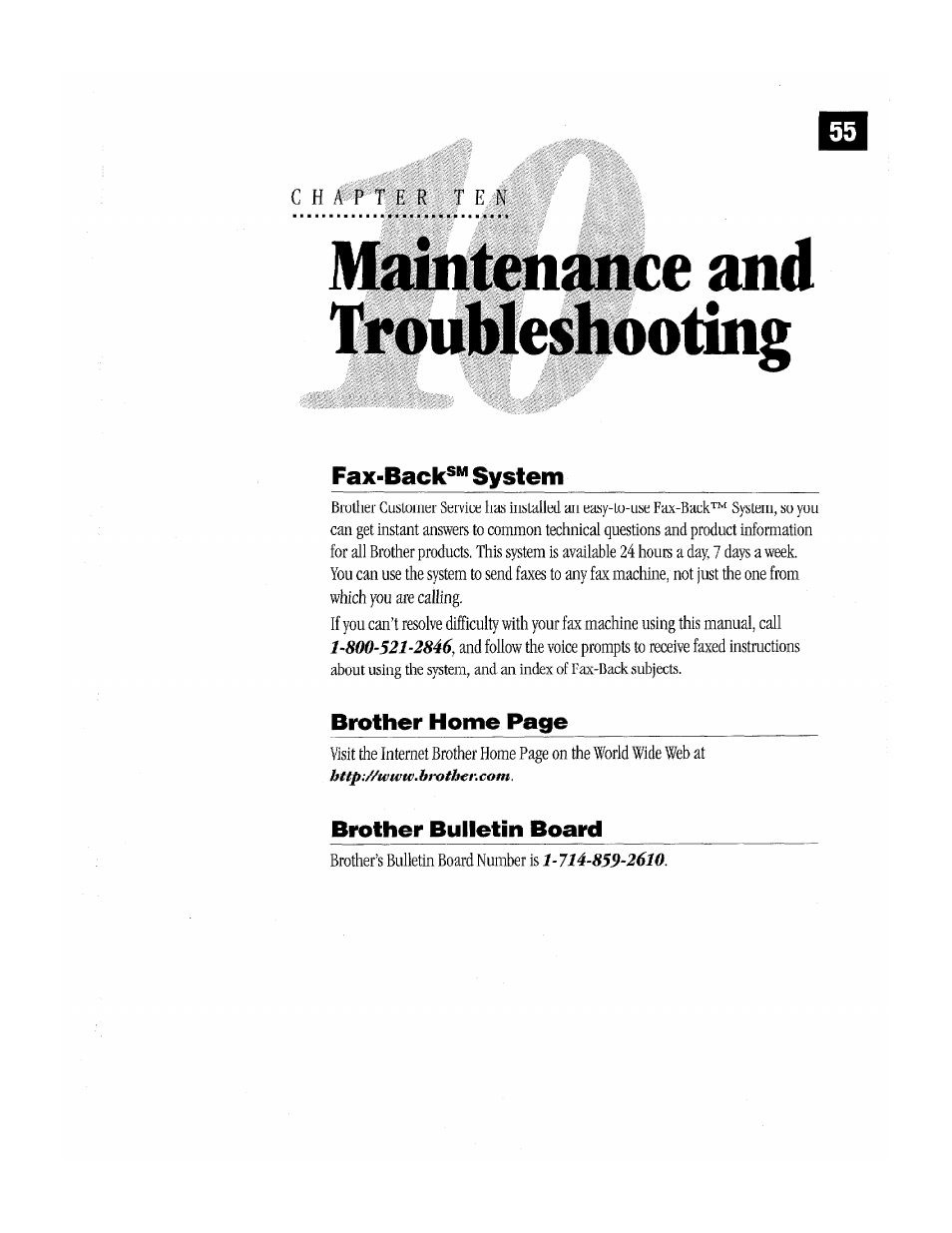 Fax-back^*” system, Brother bulletin board, Íllillillilll | Brother home page | Brother Fax-170 User Manual | Page 61 / 74