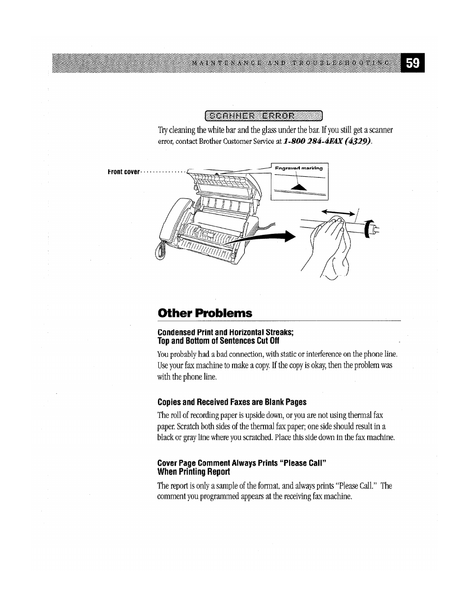 Scrhher error 1, Condensed print and horizontal streaks, Top and bottom of sentences cut off | When printing report, Other problems | Brother Fax-170 User Manual | Page 65 / 74