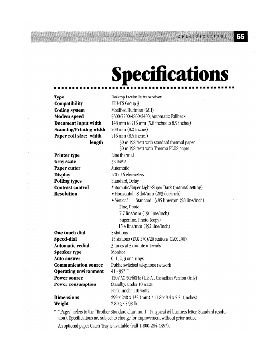 Specifications | Brother Fax-170 User Manual | Page 71 / 74