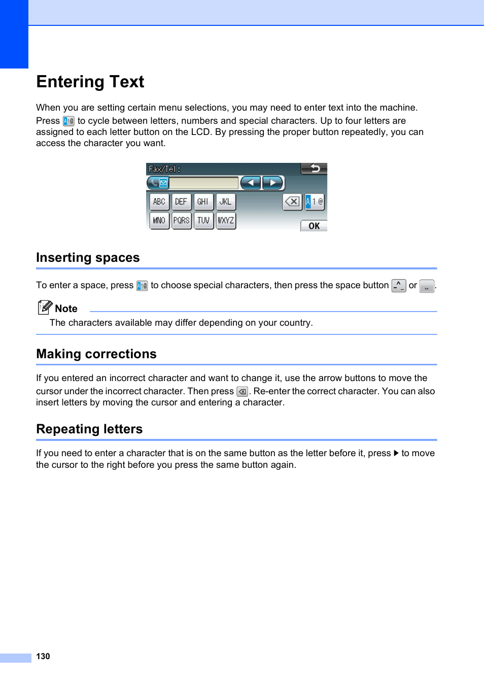 Entering text, Inserting spaces, Making corrections | Repeating letters | Brother MFC J6910DW User Manual | Page 144 / 163