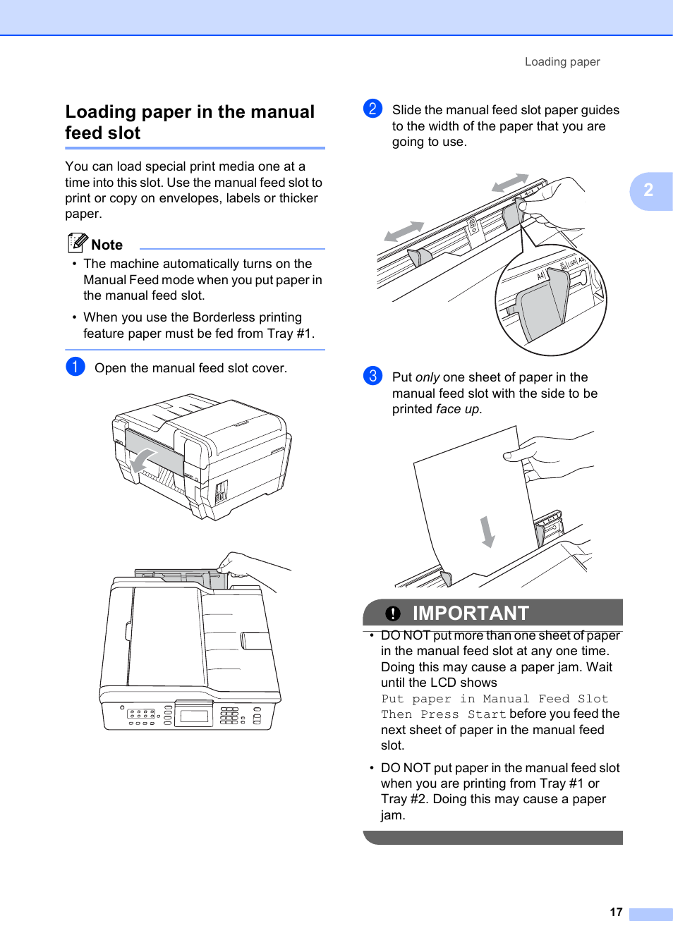 Loading paper in the manual feed slot, Important, 2loading paper in the manual feed slot | Brother MFC J6910DW User Manual | Page 31 / 163