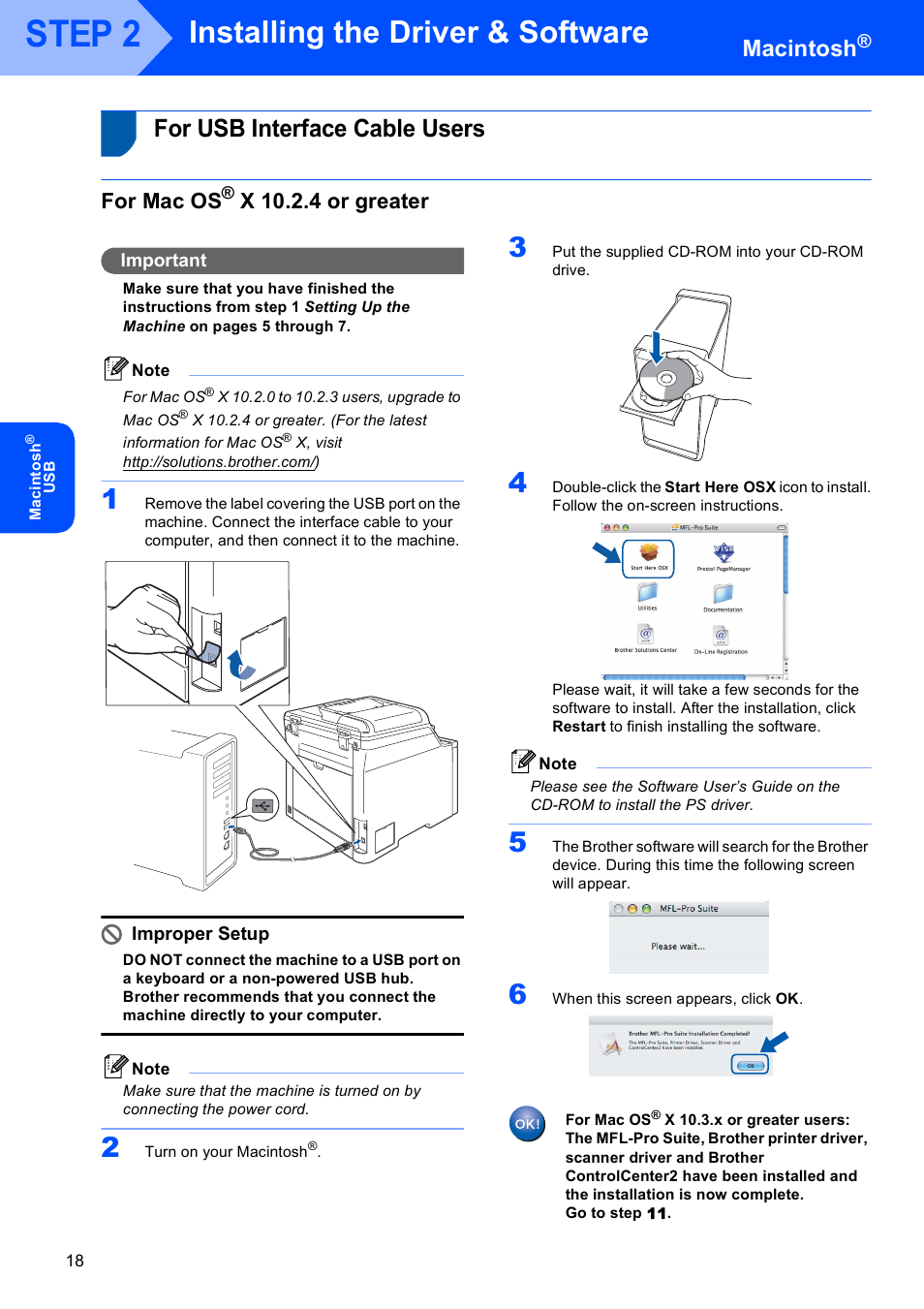Macintosh, For usb interface cable users, For mac os® x 10.2.4 or greater | For mac os, X 10.2.4 or greater, Step 2, Installing the driver & software, Important, Improper setup | Brother DCP-9042CDN User Manual | Page 20 / 31