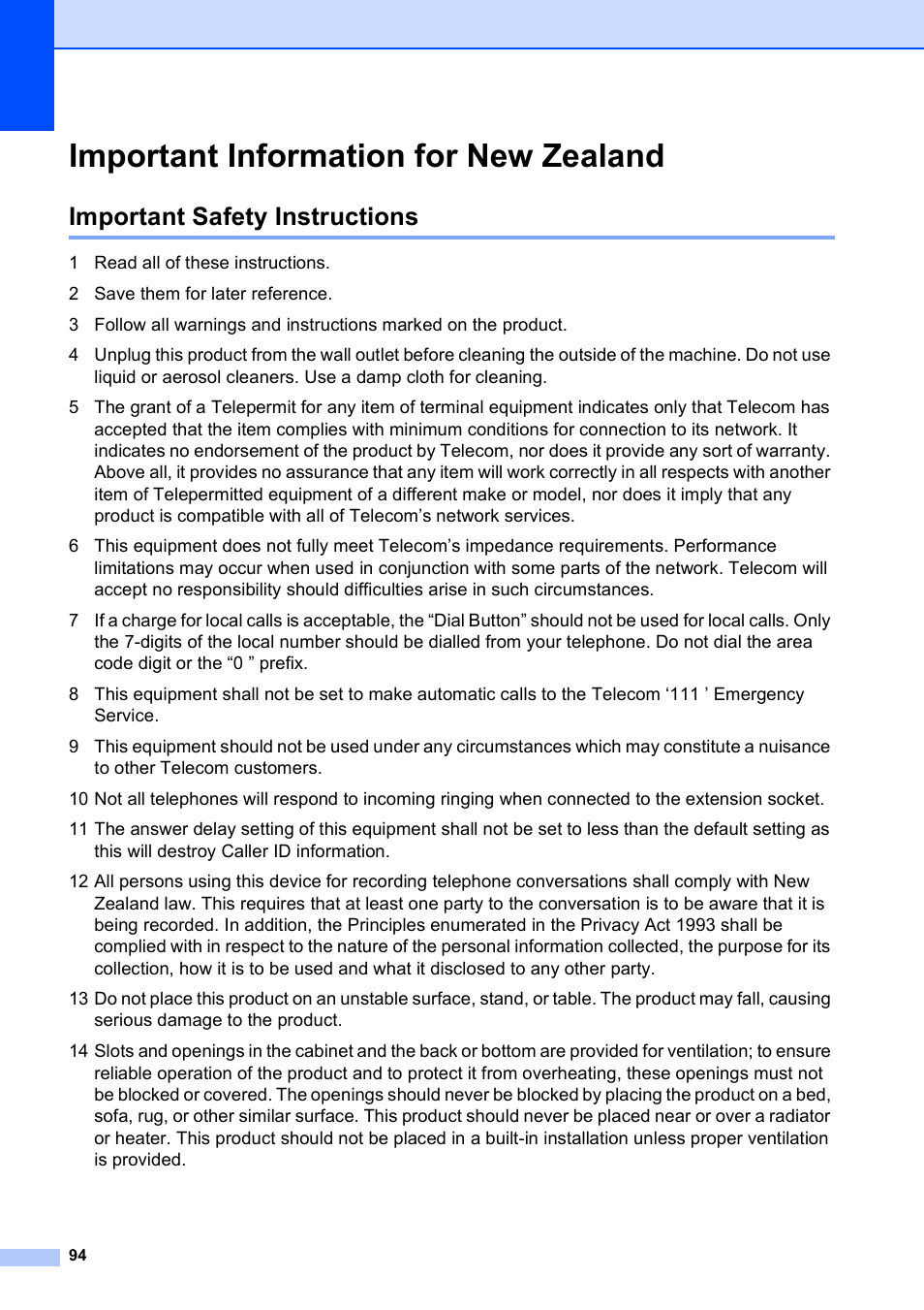 Important information for new zealand, Important safety instructions | Brother MFC-253CW User Manual | Page 104 / 176