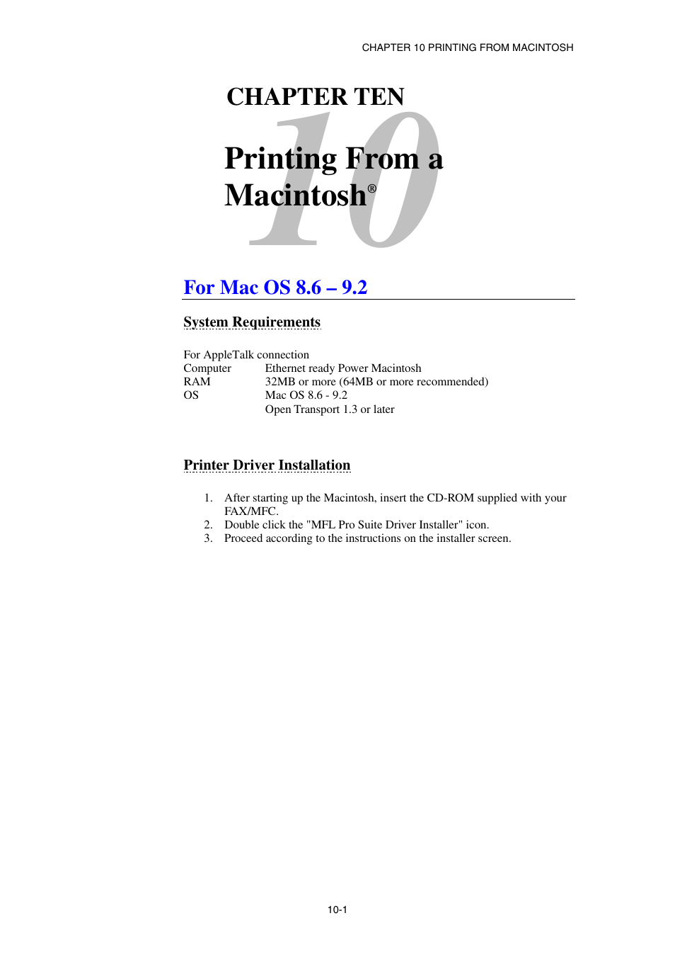 Chapter ten printing from a macintosh, For mac os 8.6 – 9.2, System requirements | Printer driver installation, Printing from a macintosh, Chapter ten | Brother NC8100H User Manual | Page 106 / 181